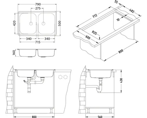 Teknisk ritning av en dubbel diskho med dimensioner
