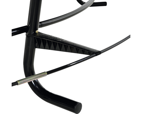 Detaljvy av en svart gungstol med metallram