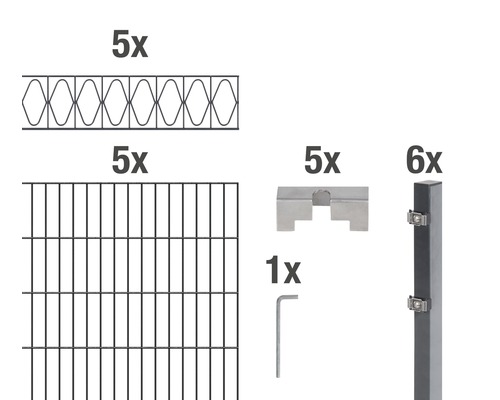 Stålnätspanel set ALBERTS Eleganz med dubbla trådar 200x100cm 10m antracit Enskilda delar av ett stängselsystem: fem gallerpaneler, fem dubbeltrådspåneler, fem stängselförbindningsstycken, sex stängselstolpar och ett monteringsverktyg