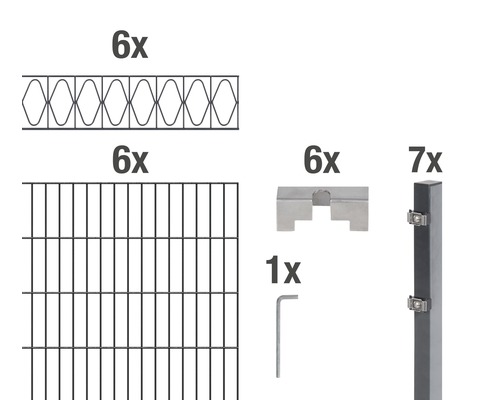 Stålnätspanel set ALBERTS Eleganz med dubbla trådar 200x100cm 12m antracit Komponenter i ett stängselsystem: sex gallermattor, sex dubbeltrådsplattor, sex stängselhållare, sju stängselstolpar och en skruvmejsel