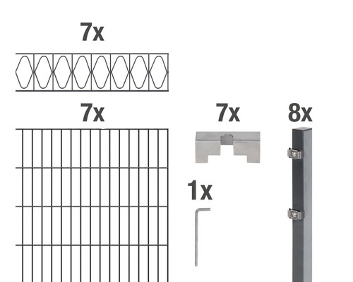 Stålnätspanel set ALBERTS Eleganz med dubbla trådar 200x100cm 14m antracit Beståndsdelar i ett staketset: sju staketfyllningar, sju dubbeltrådsgaller, sju staketfästen, en insexnyckel och åtta staketstolpar