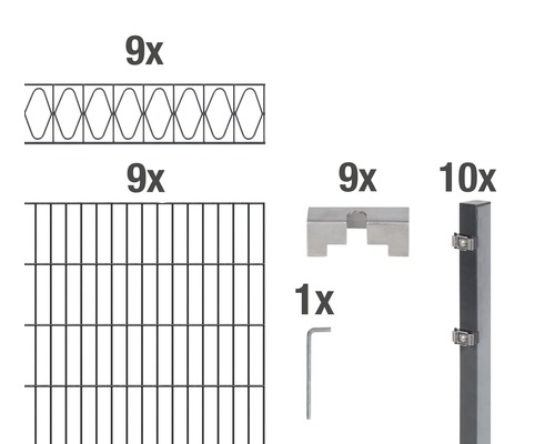 Stålnätspanel set ALBERTS Eleganz med dubbla trådar 200x100cm 18m antracit Delar i en stängselsats: nio stängselelement, nio dekorlister, nio fästen, tio stolpar och en skiftnyckel
