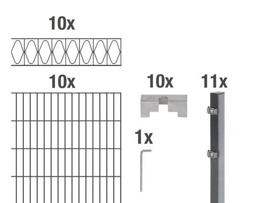 Stålnätspanel set ALBERTS Eleganz med dubbla trådar 200x100cm 20m antracit Komponenter i ett staketset, bestående av staketelement, stolpar, hållare och verktyg