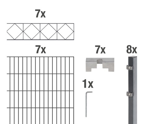 Stålnätspanel set ALBERTS Bergen med dubbla trådar 200x120cm 14m antracit Enskilda delar av ett stängselsystem som består av stängselelement, stolpar, anslutningsstycken och ett verktyg