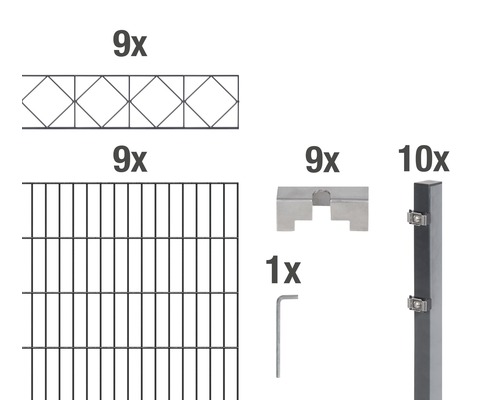 Stålnätspanel set ALBERTS Bergen med dubbla trådar 200x120cm 18m antracit Enskilda delar av ett stängselsystem: nätpaneler, stolpar, fästen och ett verktyg.