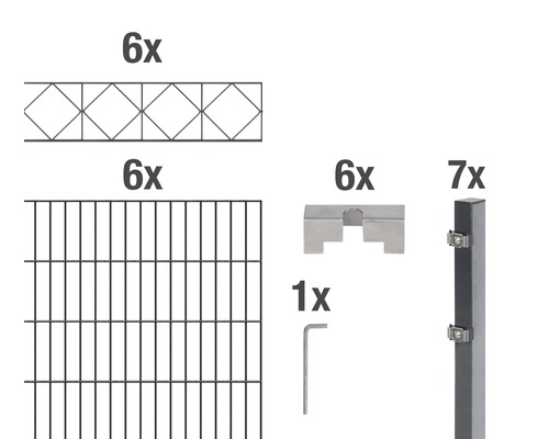 Stålnätspanel set ALBERTS Bergen med dubbla trådar 200x160cm 12m antracit Komponenter i ett stängselsystem: Sex dekorativa element, sex gallermattor, sex fästen, sju stolpar och en skiftnyckel