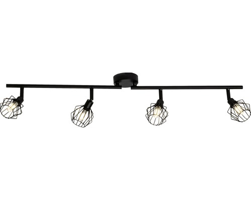 Svart taklampa med fyra spotlights och trådskärmar