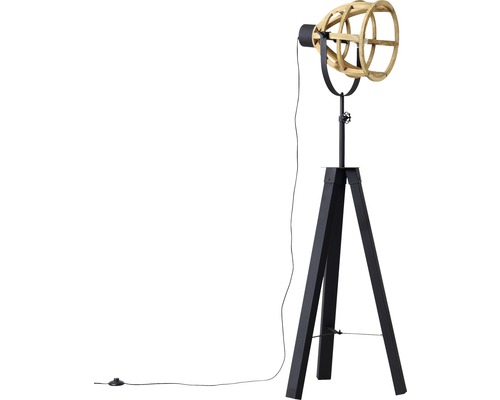 Golvlampa med stativfot och lampskärm av trä och metall