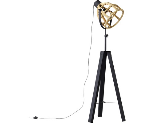 Golvlampa med träskärm och svart stativ