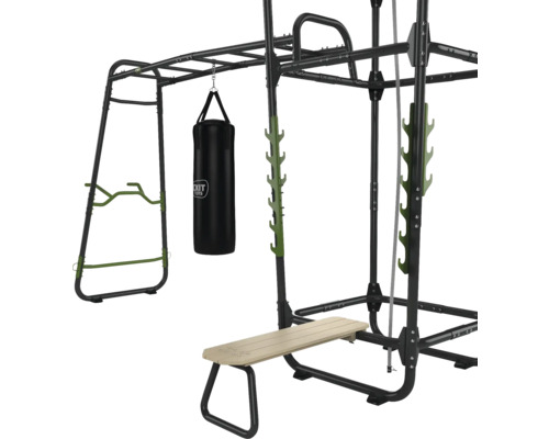 Träningsmaskin med dragstång, skivstångsbänk och boxningssäck