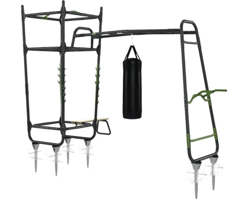 Träningsredskap med hängande boxningssäck, dragstång och dipsstation