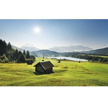 Landskap med trähus, äng, sjö och berg