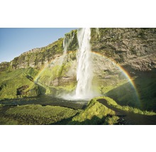 Vattenfall med regnbåge i ett grönt landskap