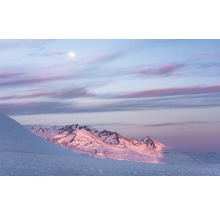 Vinterlandskap med snötäckta berg och måne