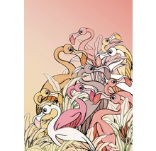 Illustration av en grupp flamingor med tropiska blad