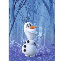 Olaf, snöfiguren från Frost mot en bakgrund av snöflingor och träd.