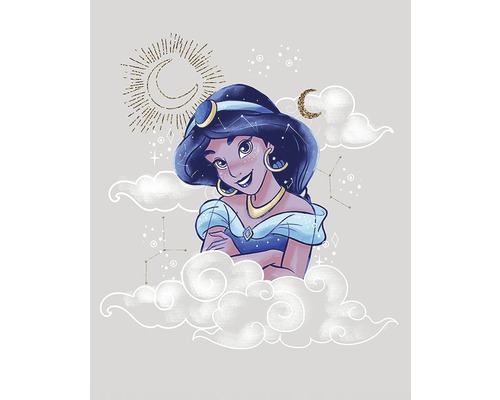 Illustration av prinsessan Jasmine omgiven av moln, halvmånar och stjärnbilder