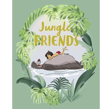 Illustration av Mowgli som ligger på Baloo i en tropisk djungel med inskriptionen Djungelvänner.