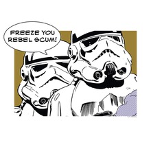 "Illustration av två Stormtroopers med citatet: ""Freeze you rebel scum!"""