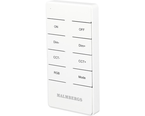 Malmbergs fjärrkontroll för att styra ljusfunktioner som på/av, dimning, färgtemperatur och läge.