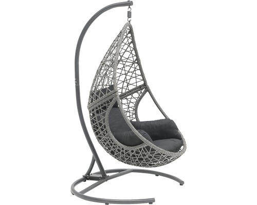 Hängfåtölj med metallram och korg av polyrotting
