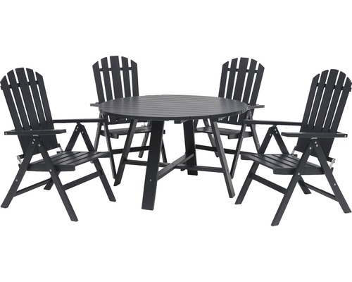 Trädgårdsbordgrupp med runt bord och fyra Adirondackstolar