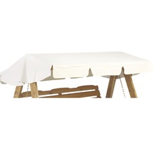 Detaljvy av en trädgårdsgunga med ett ljust solskyddstak.