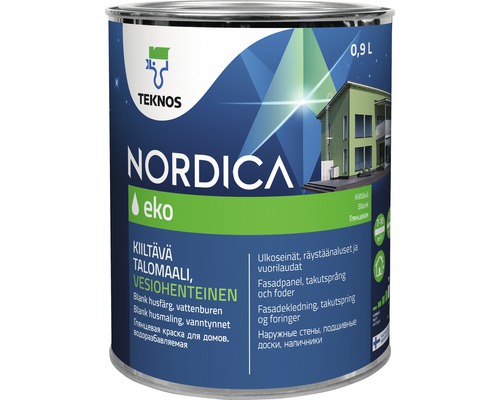 Fasadfärg TEKNOS Nordica Eko akrylatfärg oxidröd 0,9L Bas 5 Nordica Eko blank fasadfärg i en burk