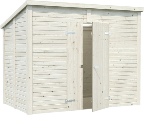 Trädgårdsskjul i trä med dubbeldörr, delvis öppen