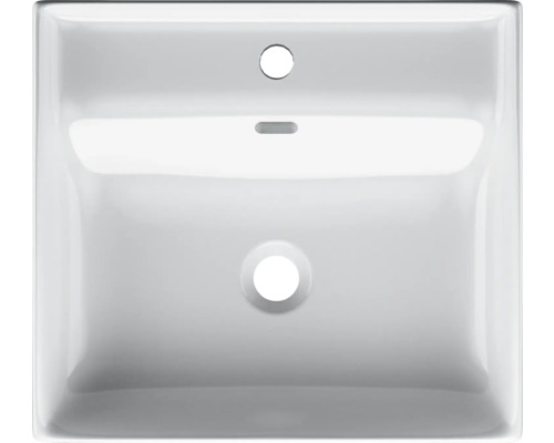 Översikt över ett vitt keramiskt handfat med kranhål och överströmningsskydd