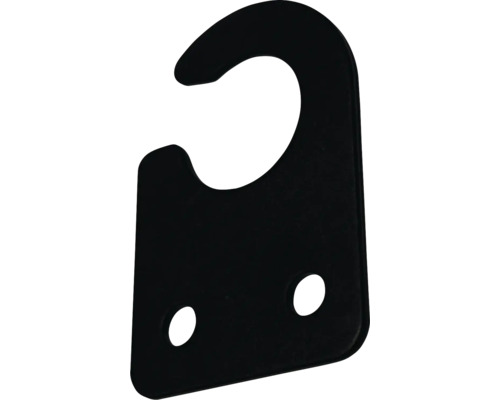 Svart upphängningsanordning med krok och två fästhål.