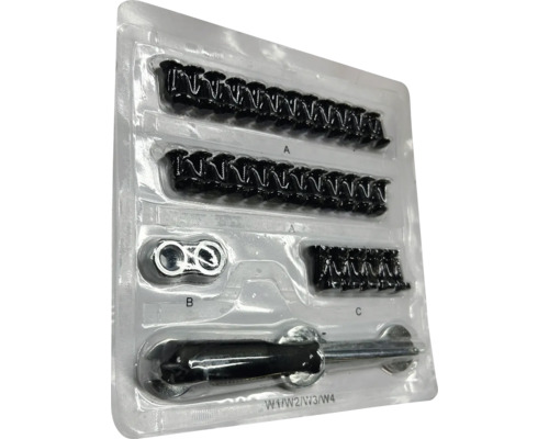 Fästset med skruvar, muttrar och verktyg i plastförpackning