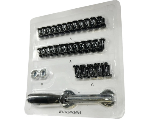 Skruvar, muttrar och verktygssats i plastförpackning