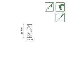 Illustration av en träprofil med måtten 25 mm x 10 mm