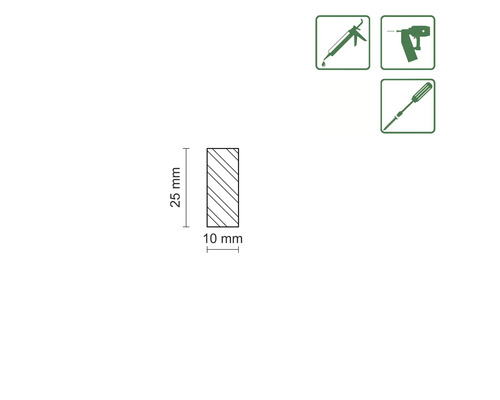 Symbolbild: Profilerat trä med måtten 25 x 10 millimeter och verktygssymboler