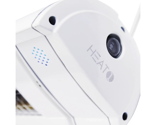 Närbild av en vit terrassvärmare med strömbrytare och HEAT1-bokstäver