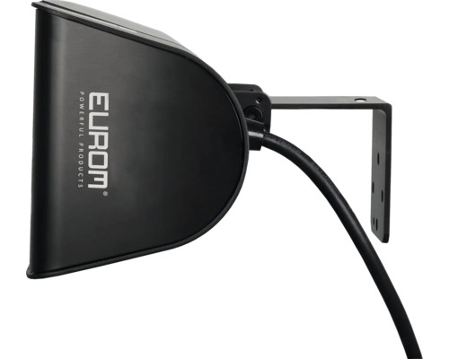 Eurom logotyp på en svart terrassvärmare med fäste