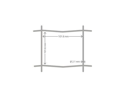 Detaljvy av ett stängselgaller med mått: maskvidd 101,6 mm, trådtjocklek 2,1 mm.