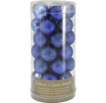 Set med blå julgranskulor av glas i plastbehållare