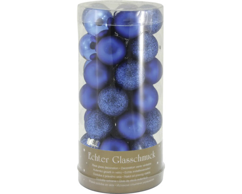 Set med blå julgranskulor av glas i plastbehållare