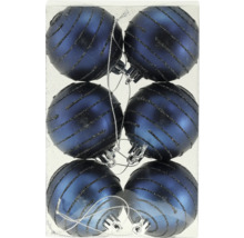 Sex blå julgranskulor med dekor i förpackning