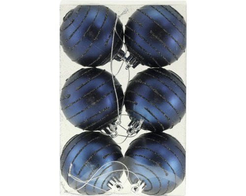 Sex blå julgranskulor med dekor i förpackning