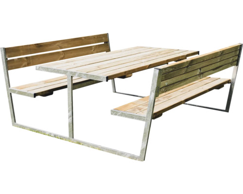 Picknickbord HORTUS Balder tryckimpregnerad galvaniserad ram med rygg 180x201cm Trädgårdsbord med två bänkar med ryggstöd av trä och metall