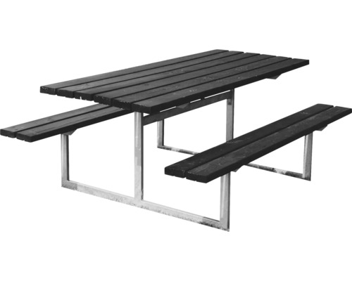 Picknickset HORTUS Frigg svart grundmålad galvaniserad ram utan rygg 175x140cm Picknickbord med träskiva och bänkar på en metallram