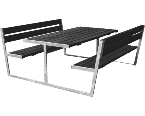 Picknickbord HORTUS Thor svart grundmålad galvaniserad ram med rygg 180x201cm Bord med bänkar av trä och metall för utomhusbruk