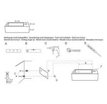 Monteringsanvisning för ett tvättställ med mått och nödvändiga verktyg
