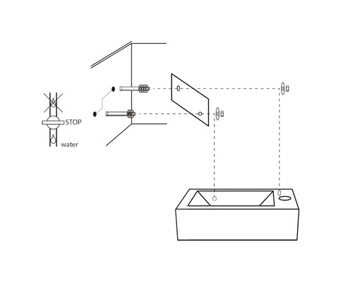 Schema för installation av ett badkar med vattenstopp.