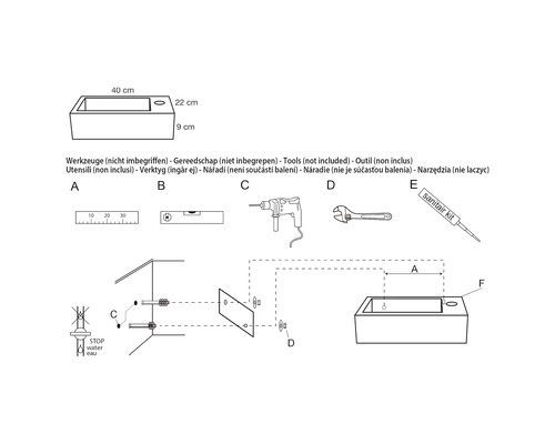 Monteringsanvisning för ett handfat med mått och nödvändiga verktyg