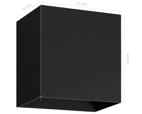Bild av en kubformad lampa med måtten 95 millimeter och 120 millimeter som en teknisk ritning.