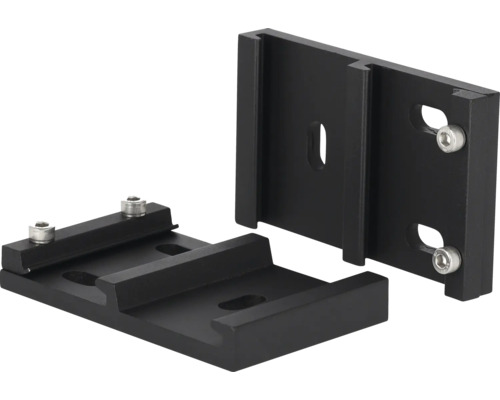 Två svarta monteringsskenor i aluminium med skruvar